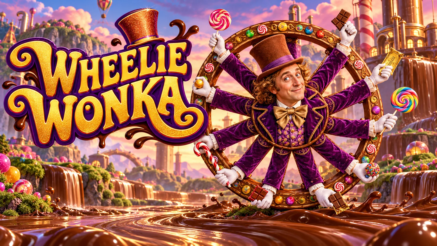 Wheelie Wonka with a wheel of candy-holding arms in a magical chocolate factory